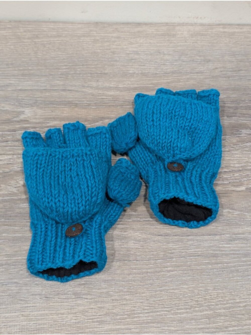 Made in Nepal Turquoise Knit Wool Convertible Fingerless Mitten Glove Button